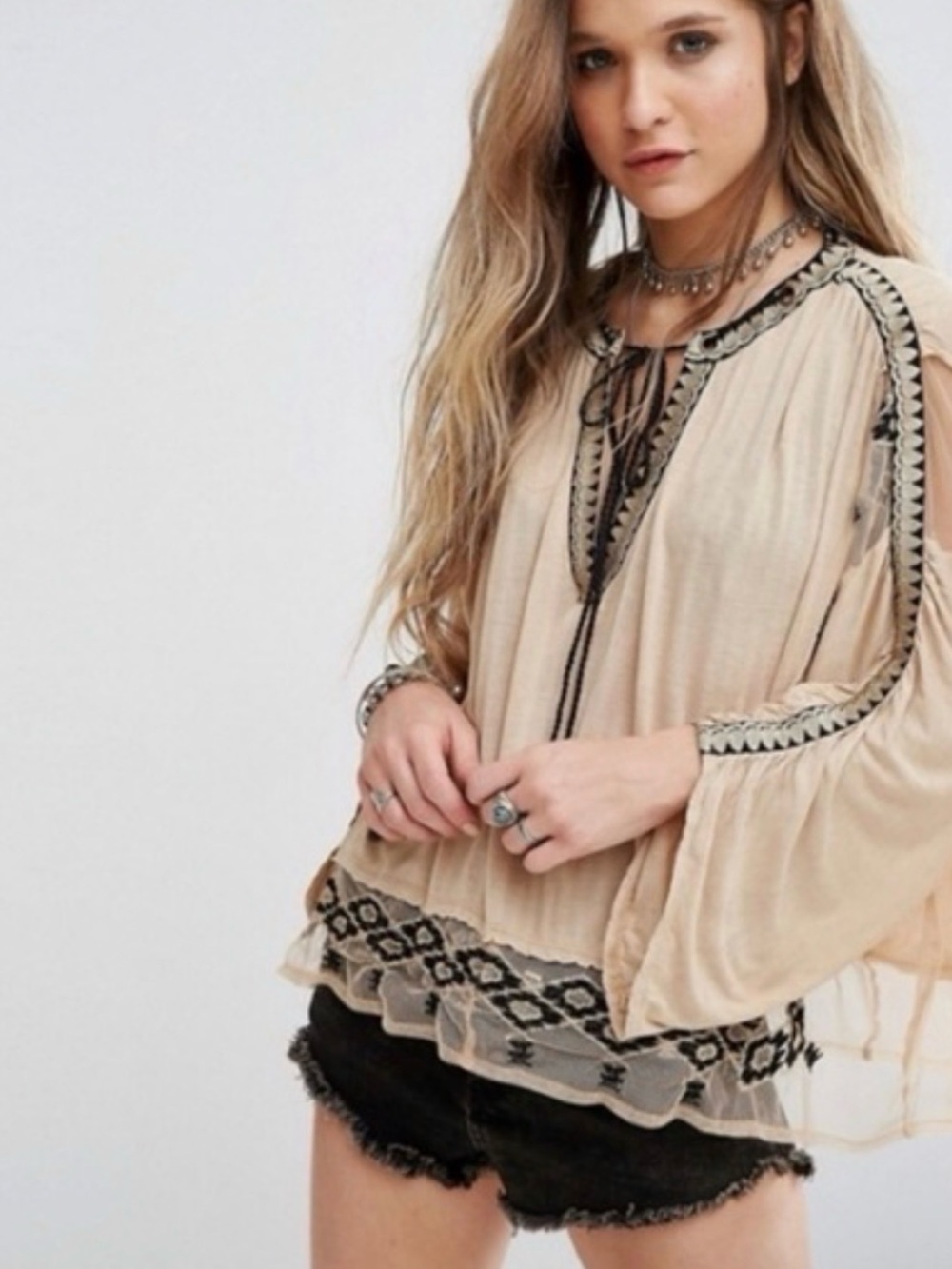 Free People Beige Embroidered Tie-Neck Peasant Top